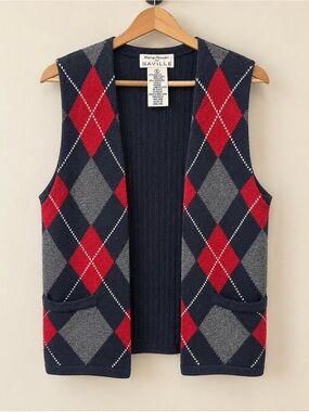 Rena Rowan Navy Red Gray Argyle Knit Vest Cardigan